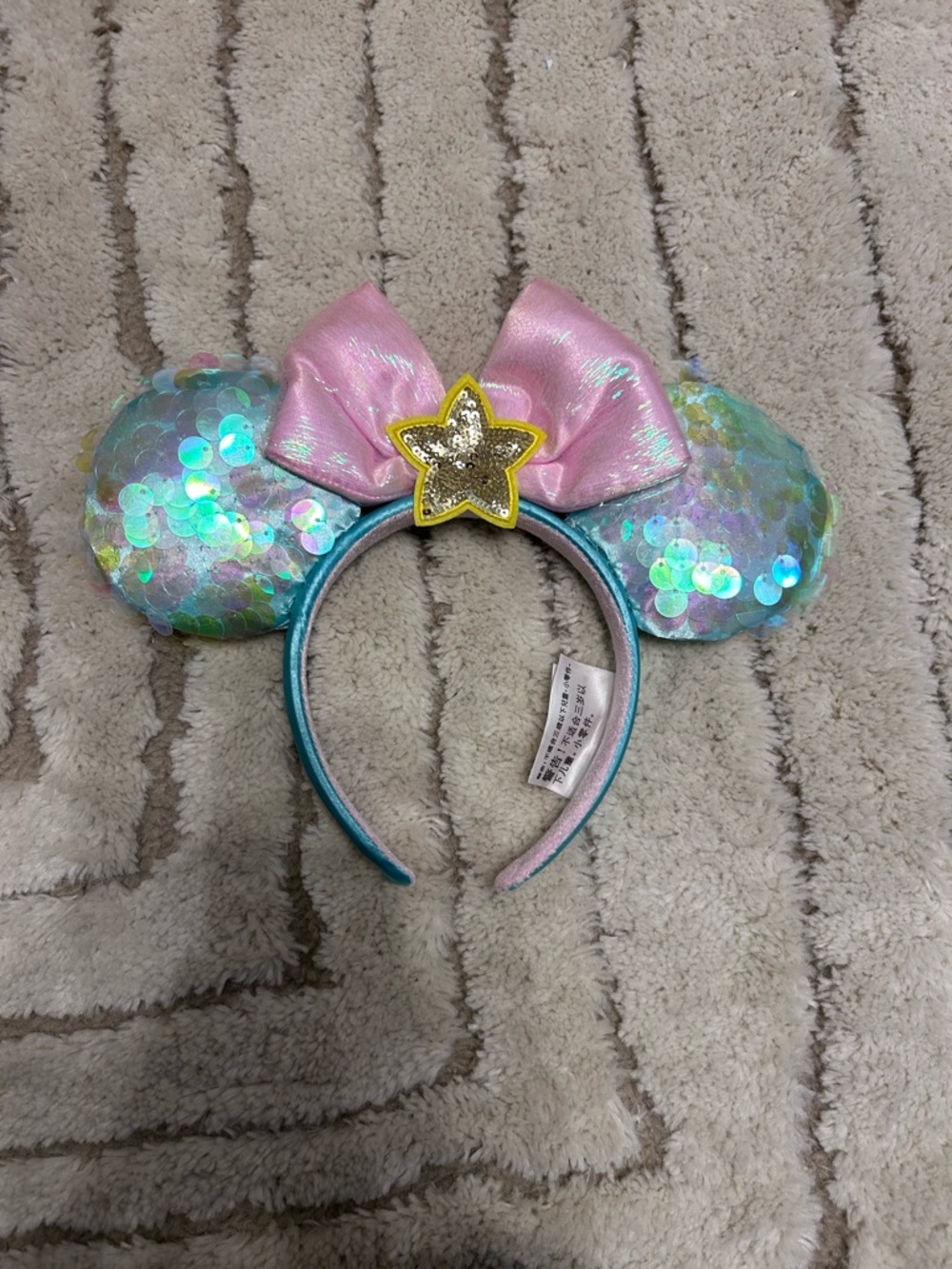 Disney Iridescent Sequin Minnie Mouse Ears Headband with Pink Bow & Gold Star